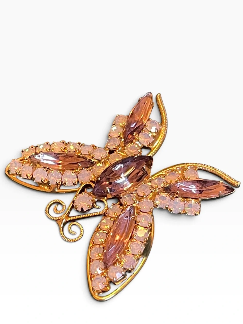 High-End Vintage Purple & Opaline Rhinestone Gold-Tone Butterfly Brooch